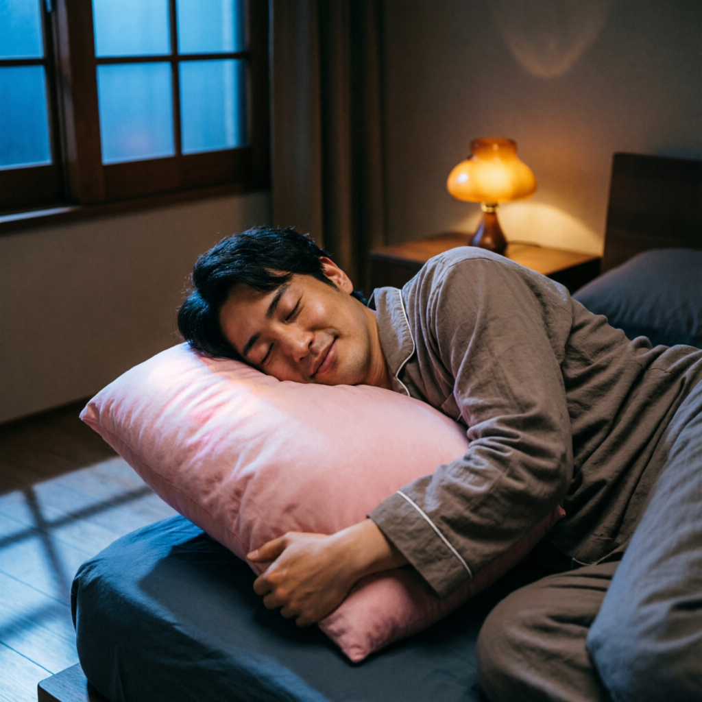夜の寝室でHUGMARUを抱きしめ、安らかに目を閉じる男性。窓から青い月光、ナイトスタンドの温かいランプ。